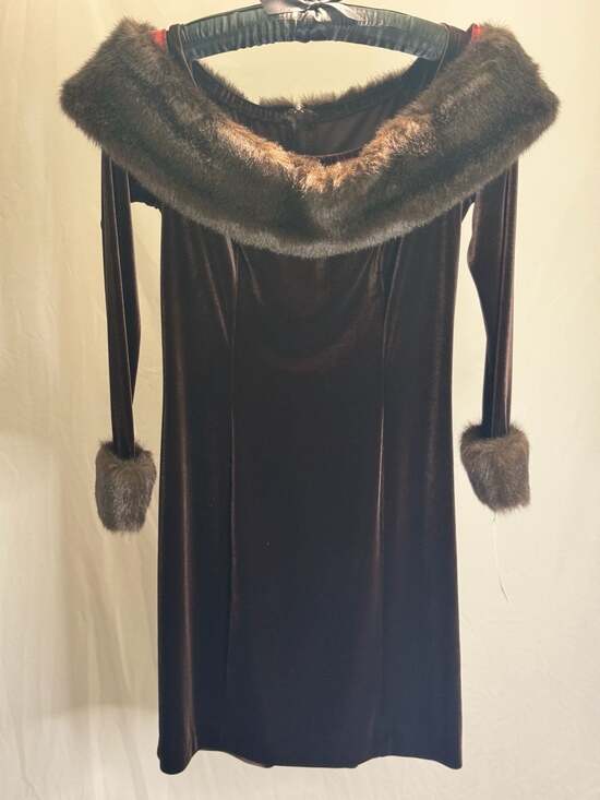 Aspeed Design Dresses & Skirts - Speed Design Vintage Velvet Faux Fur Trim Off-Shoulder Dress - Brown - Medium